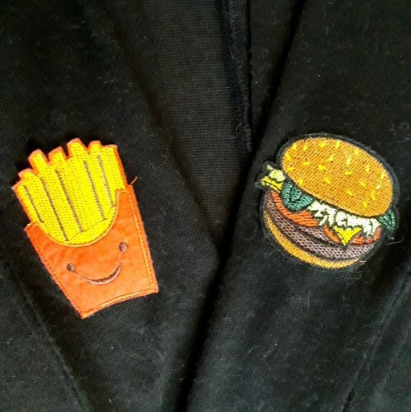 Noble U Black Hooded Cardigan with Emoji Burger + Fries Elbow Patches - Picture 6 of 7